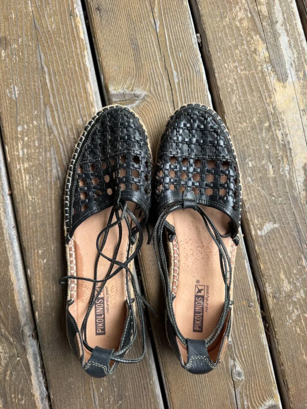 Pikolinos Cadamunt Black Woven Leather Espadrille Wrapped Flat Sandals - EU42/11
